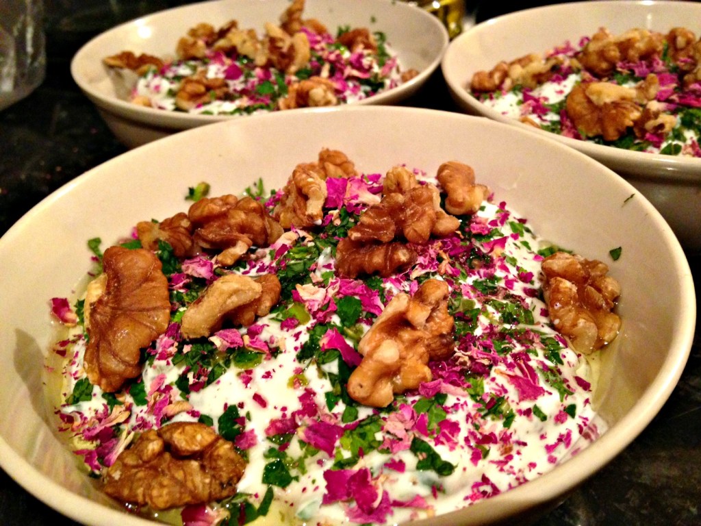 Maast-o-Khiar: yoghurt, cucumber and mint dip with walnut, herbs and rose petals