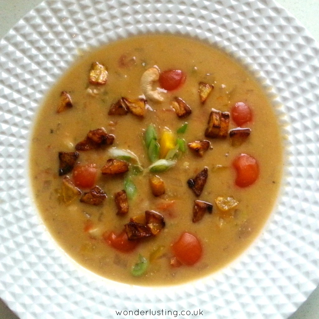 Spicy Cashew Soup with Plantain Croutons