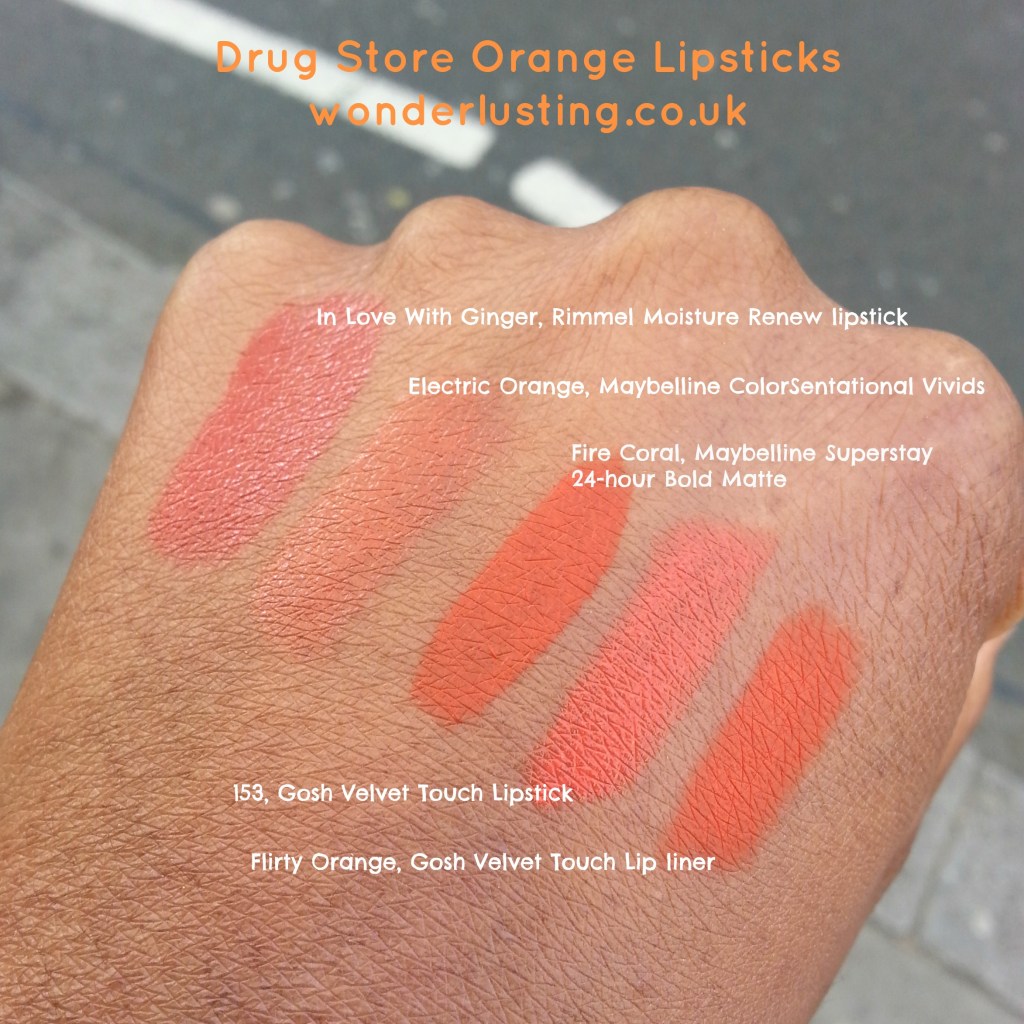 Drugstore orange lipstick swatches