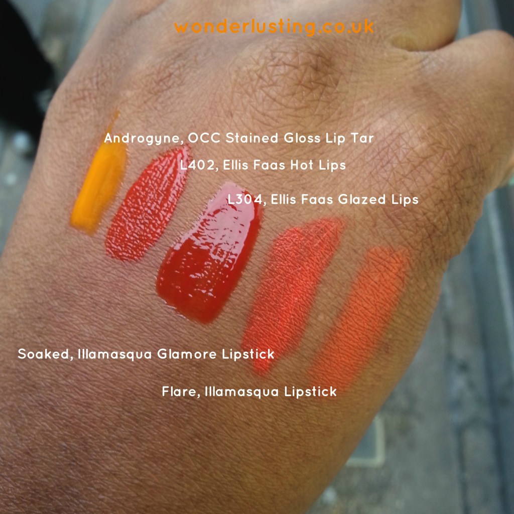 Ellis Faas, Illamasqua, OCC orange lipstick swatches