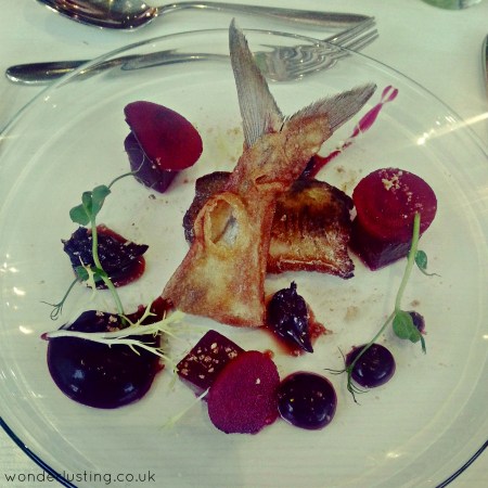 Starter of Panfried mackerel and beetroot three ways