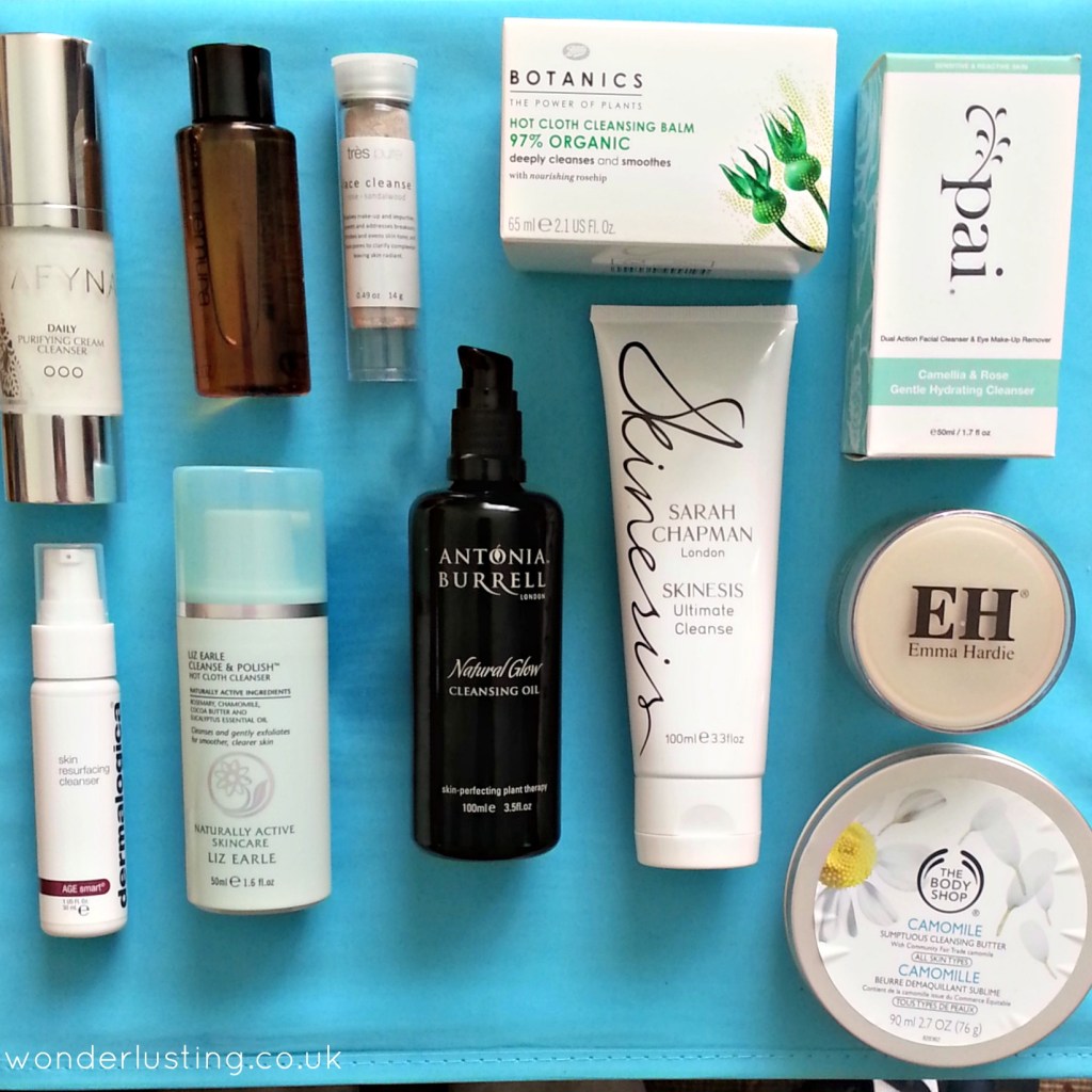Top row: AFYNA cream cleanser, Shu Uemura Ultim8 beauty cleansing oil, Tres Pure cleanser, Boots Botanics Hot Cloth 97% organic cleansing balm, Pai cream cleanser Bottom row: Dermalogica, Liz Earle, Antonia Burrell, Sarah Chapman, Emma Hardie, The Body Shop 