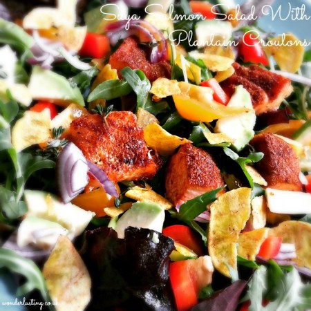 Salmon suya salad with plantain croutons