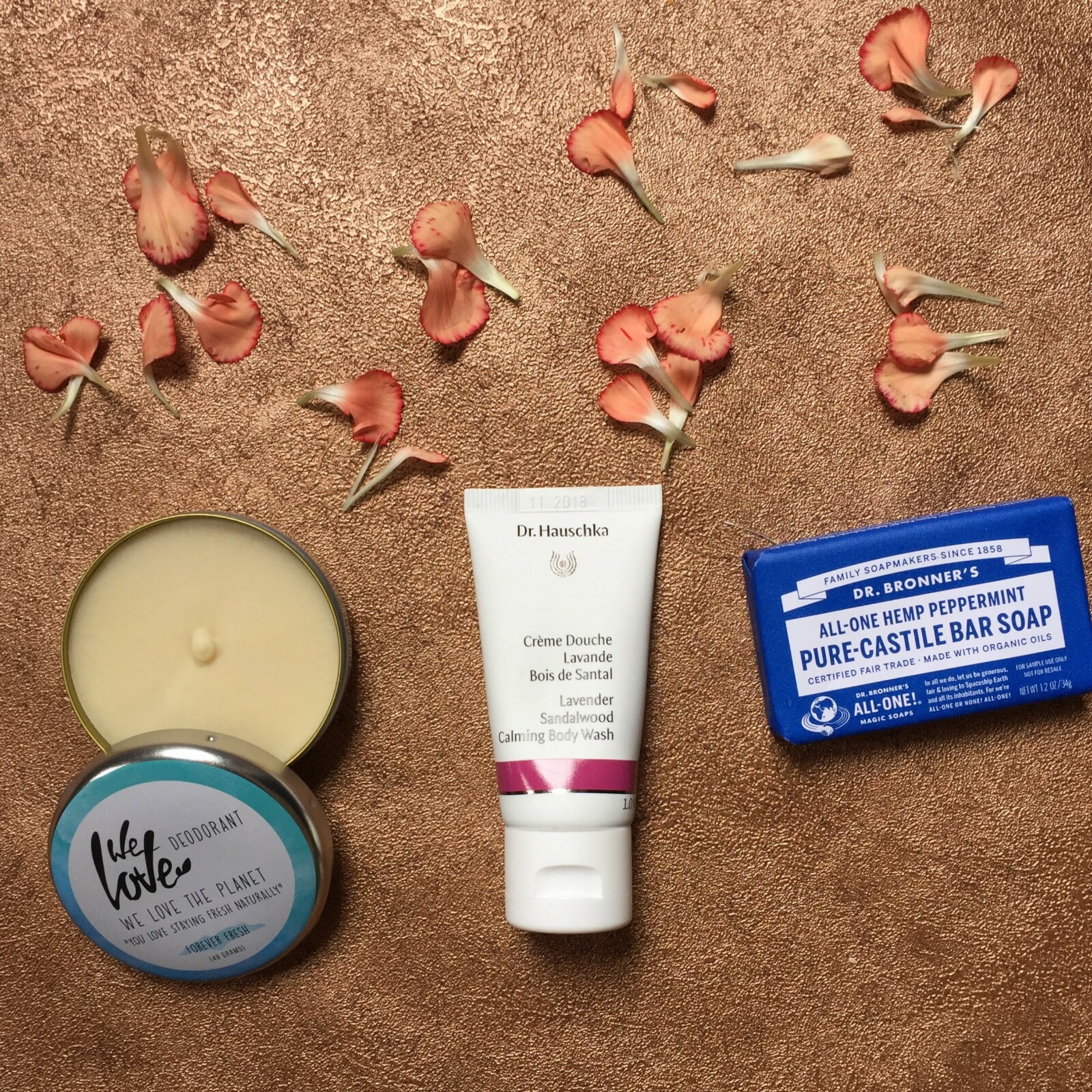 We Love The Planet deodorant, Dr Hauschka shower gel, Dr Bronner's