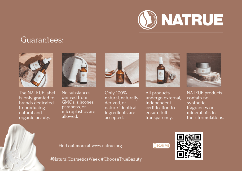 NATRUE certification guarantees including no GMOs, no silicones, no microplastics, natural ingredients and independent certification