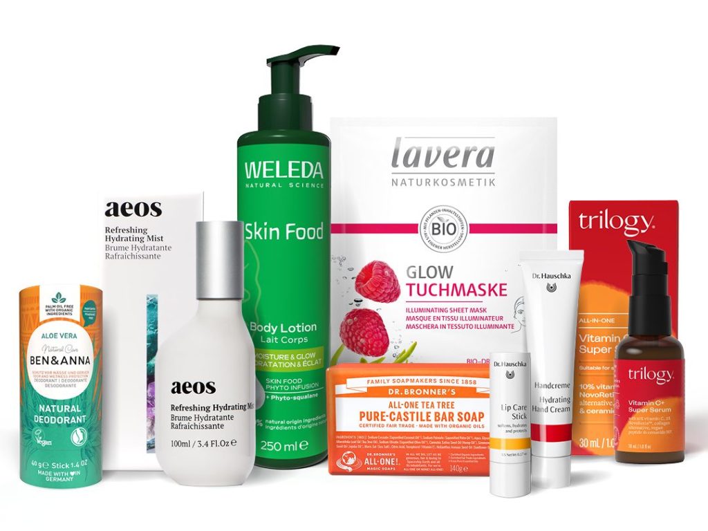 Natural Cosmetics Week 2025 beauty box featuring NATRUE-certified products from Weleda, AEOS, Lavera, Dr Bronner’s, Dr Hauschka, Trilogy and Ben & Anna
